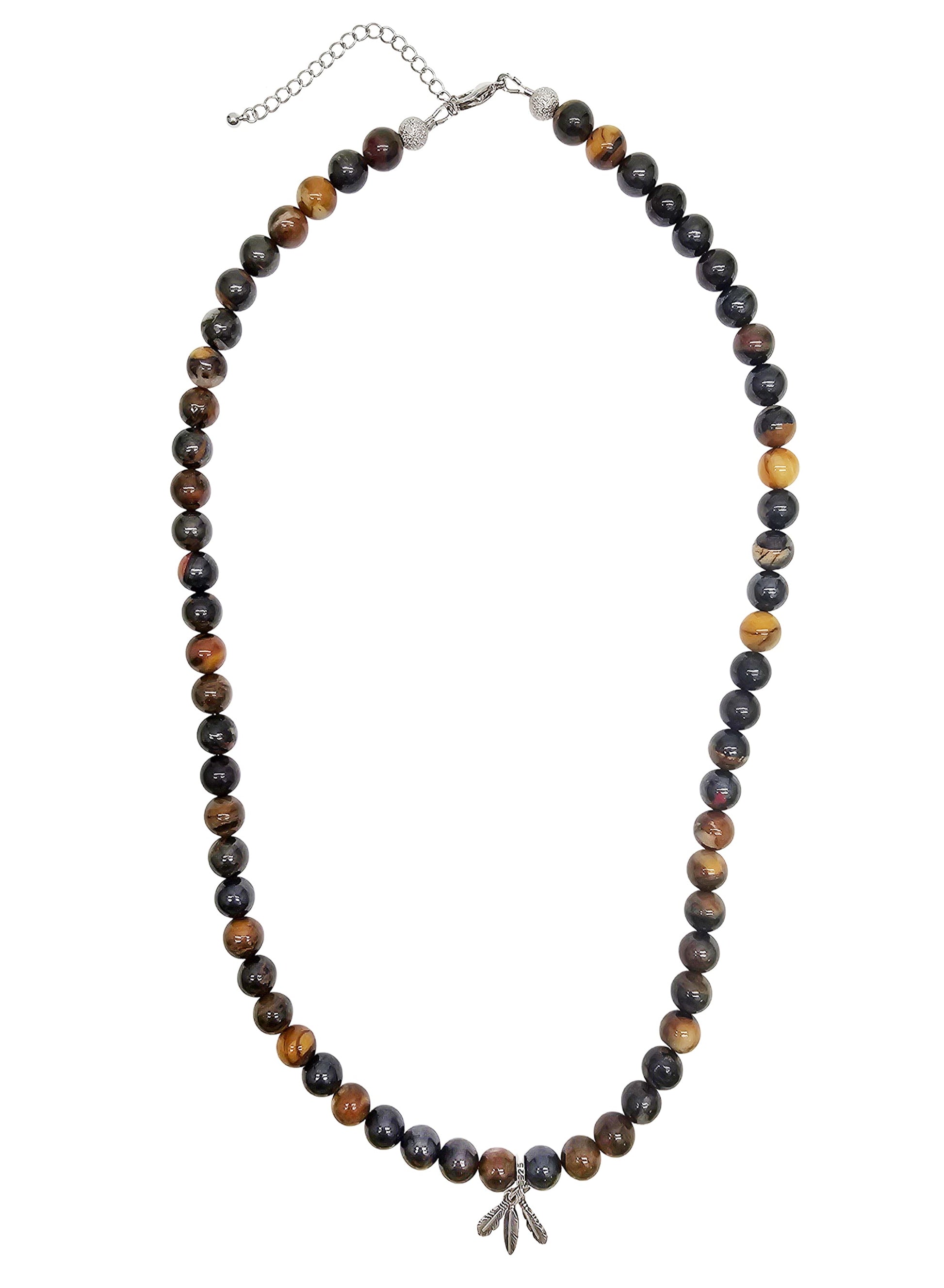Iron Tiger-eye Stone With Silver Feather Pendant Men's Necklace MEN20-1