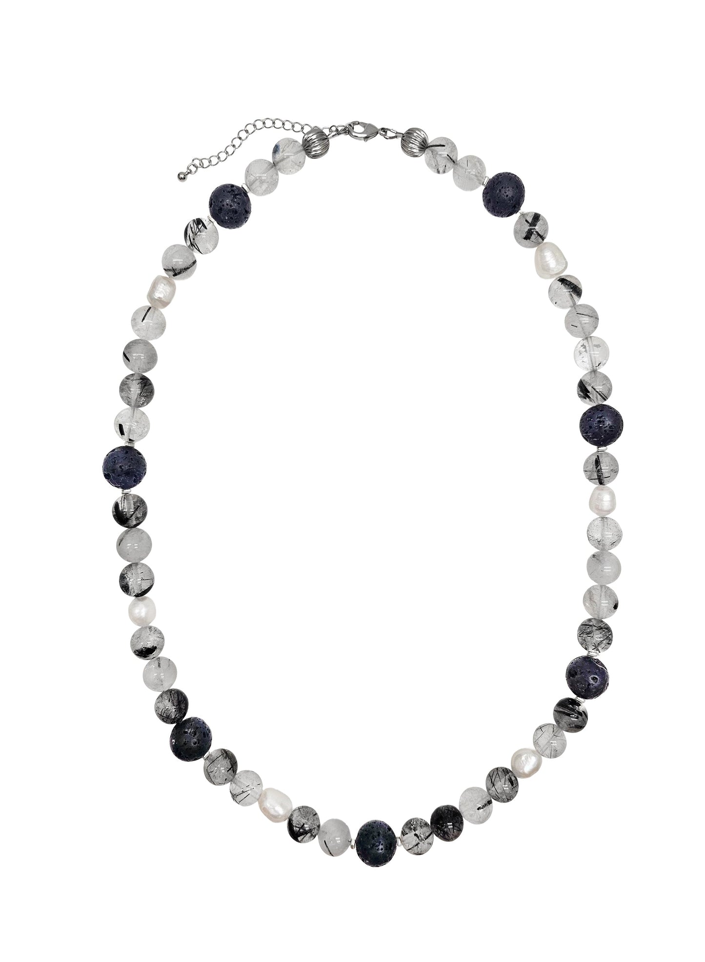 Black Rutilated Quartz With Lava Stone And Pearls Necklace MEN16-0