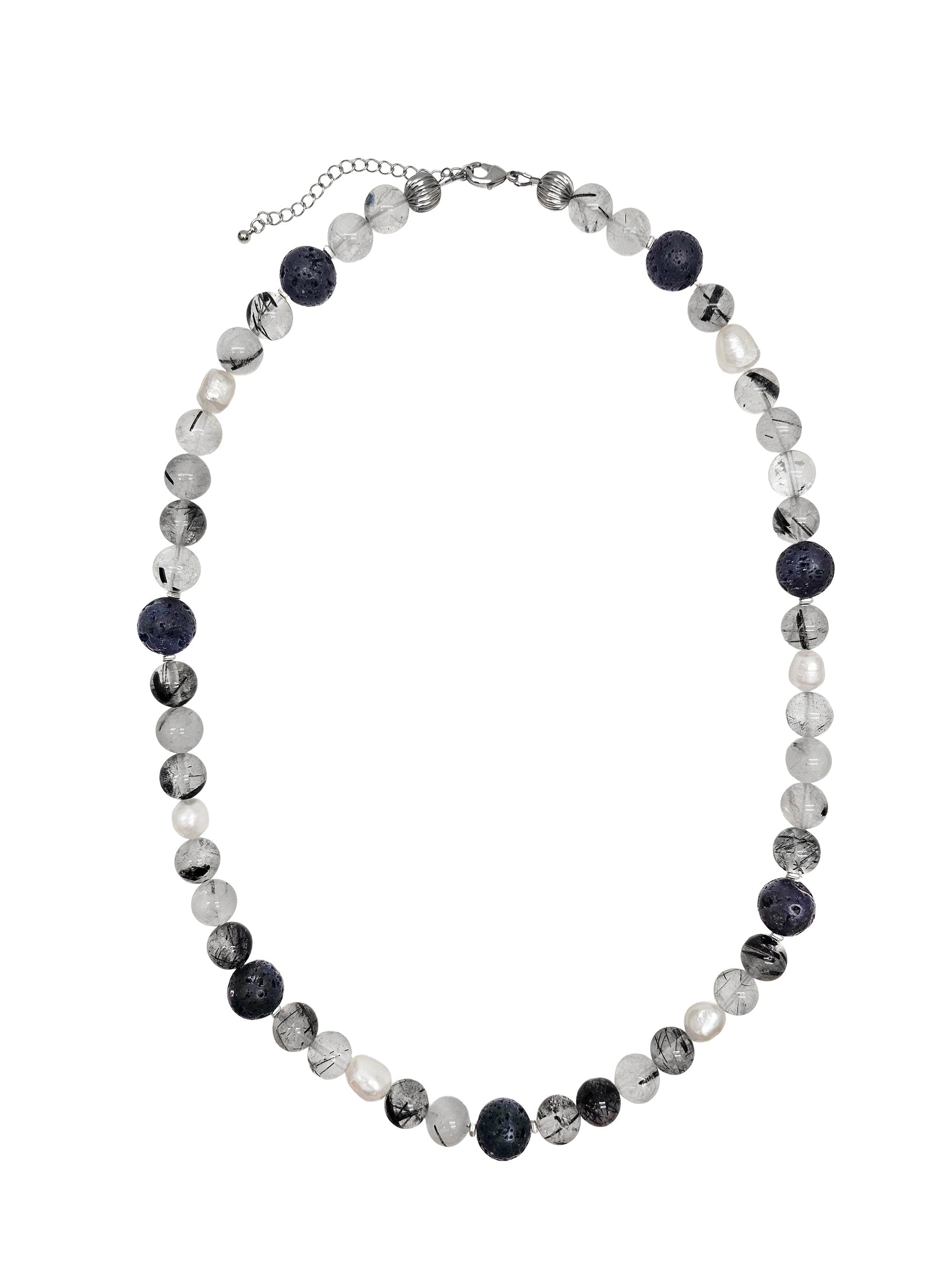 Black Rutilated Quartz With Lava Stone And Pearls Necklace MEN16-0