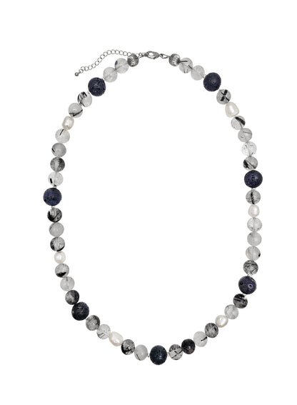 Black Rutilated Quartz With Lava Stone And Pearls Necklace MEN16-0