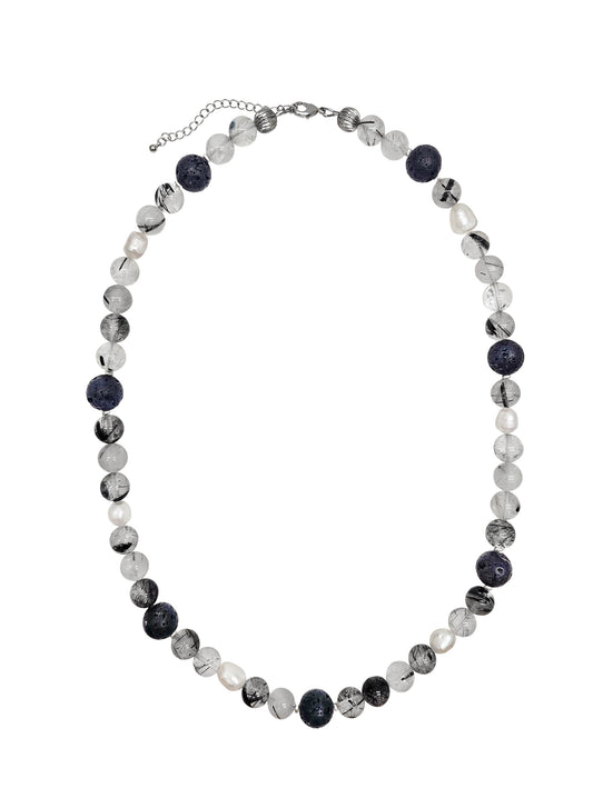 Black Rutilated Quartz With Lava Stone And Pearls Necklace MEN16-0