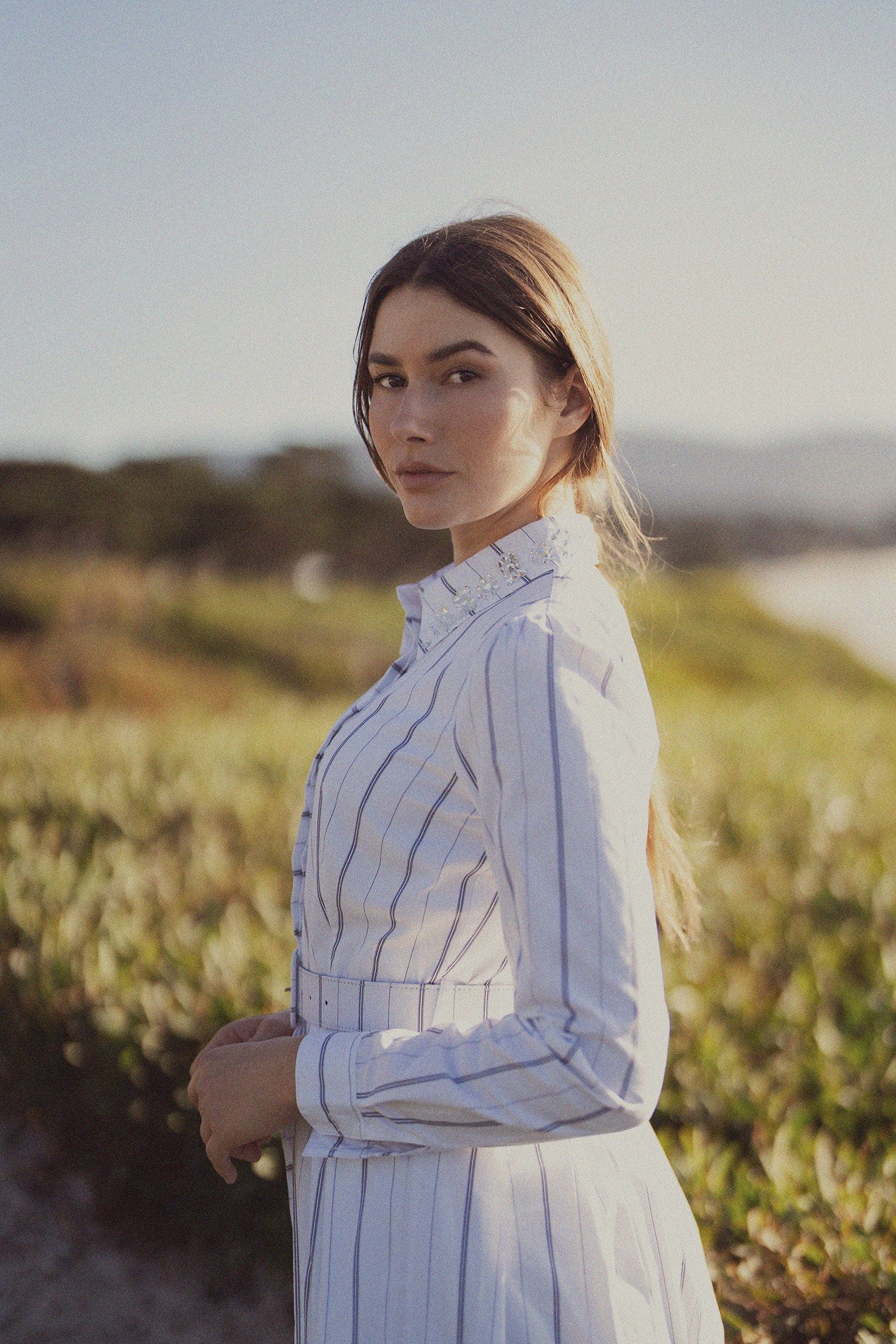Jeweled Collar Belted Shirtdress-White Pinstripe-4