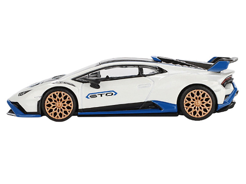 Lamborghini Huracan STO Bianco Asopo White with Black Top and Blue Accents Limited Edition 1/64 Diecast Model Car by Mini GT-0