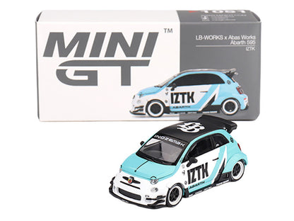 ABARTH 595 "LB-Works x Abas Works - IZTK" Light Blue and White with Black Top Limited Edition 1/64 Diecast Model Car by Mini GT-2