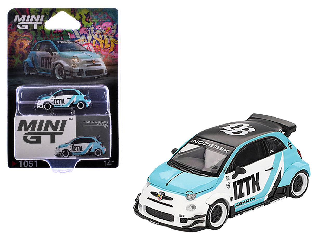 ABARTH 595 "LB-Works x Abas Works - IZTK" Light Blue and White with Black Top Limited Edition 1/64 Diecast Model Car by Mini GT-3