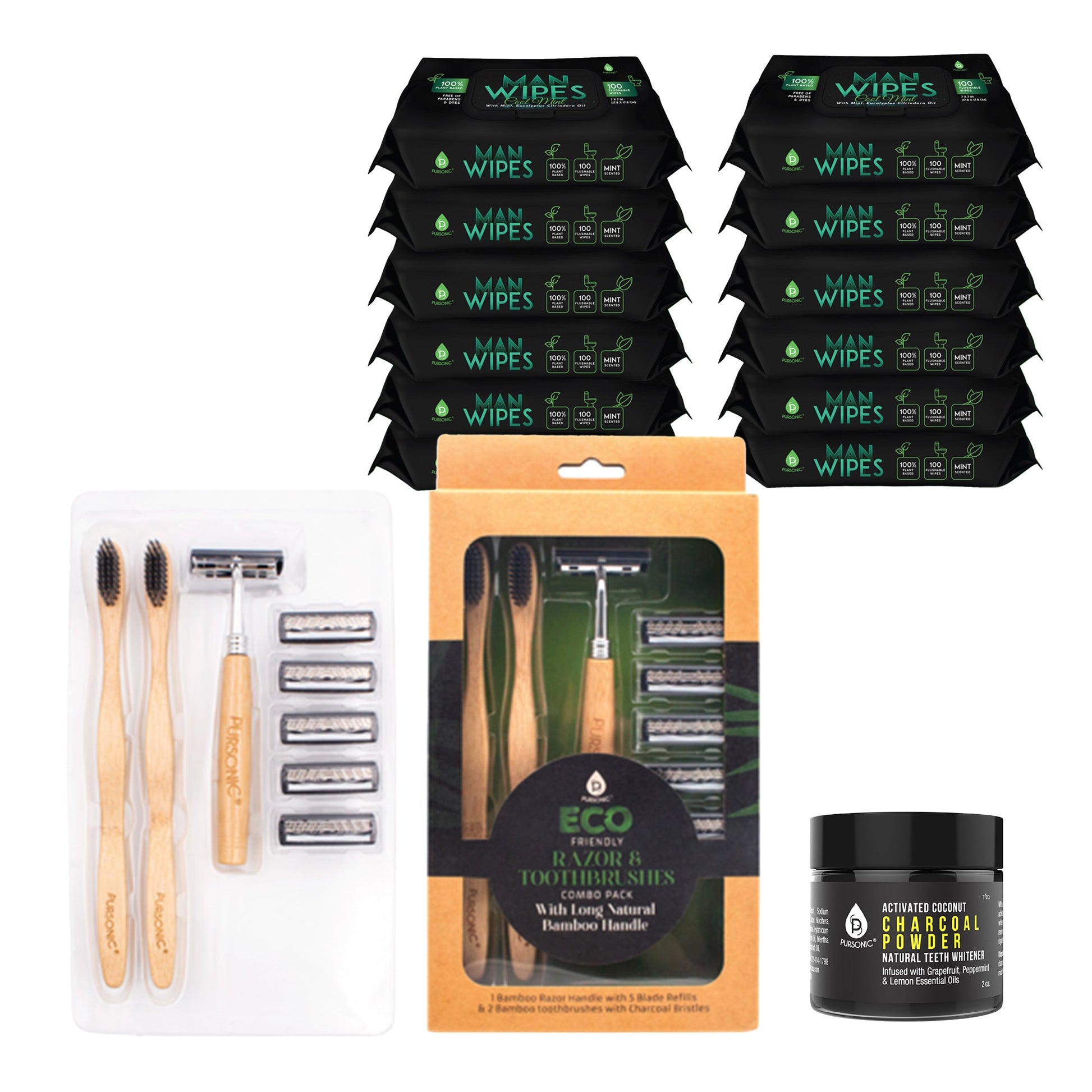 Grooming Essentials Bundle: Eco-Friendly Razor + Flushable Man Wipes + Activated Coconut Charcoal Powder-0