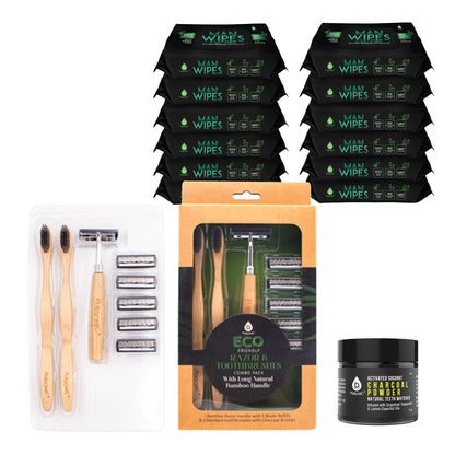 Grooming Essentials Bundle: Eco-Friendly Razor + Flushable Man Wipes + Activated Coconut Charcoal Powder-0