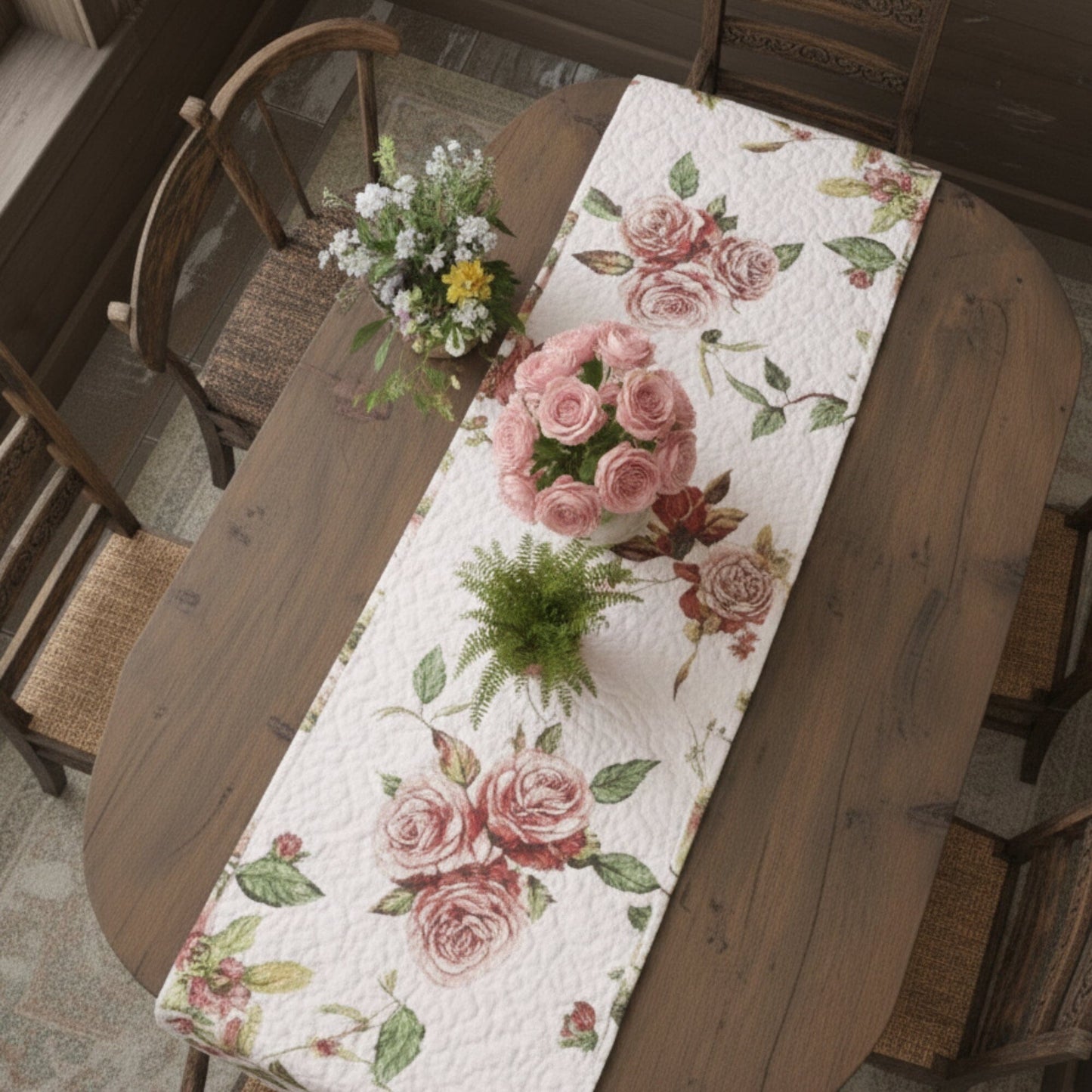 DaDa Bedding Romantic Roses Pink White Lovely Floral Quilted Dining Table Runner (879)-2