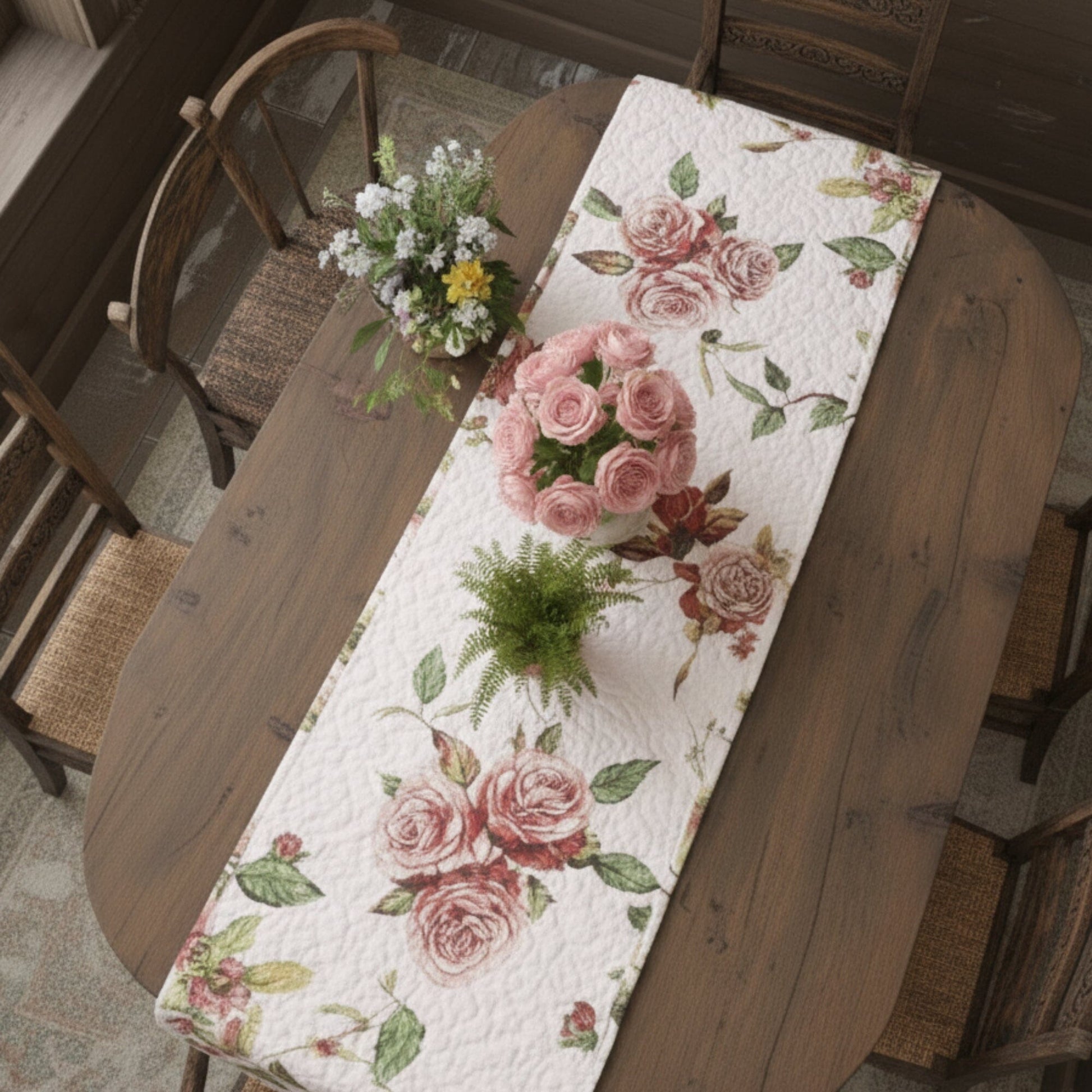 DaDa Bedding Romantic Roses Pink White Lovely Floral Quilted Dining Table Runner (879)-2