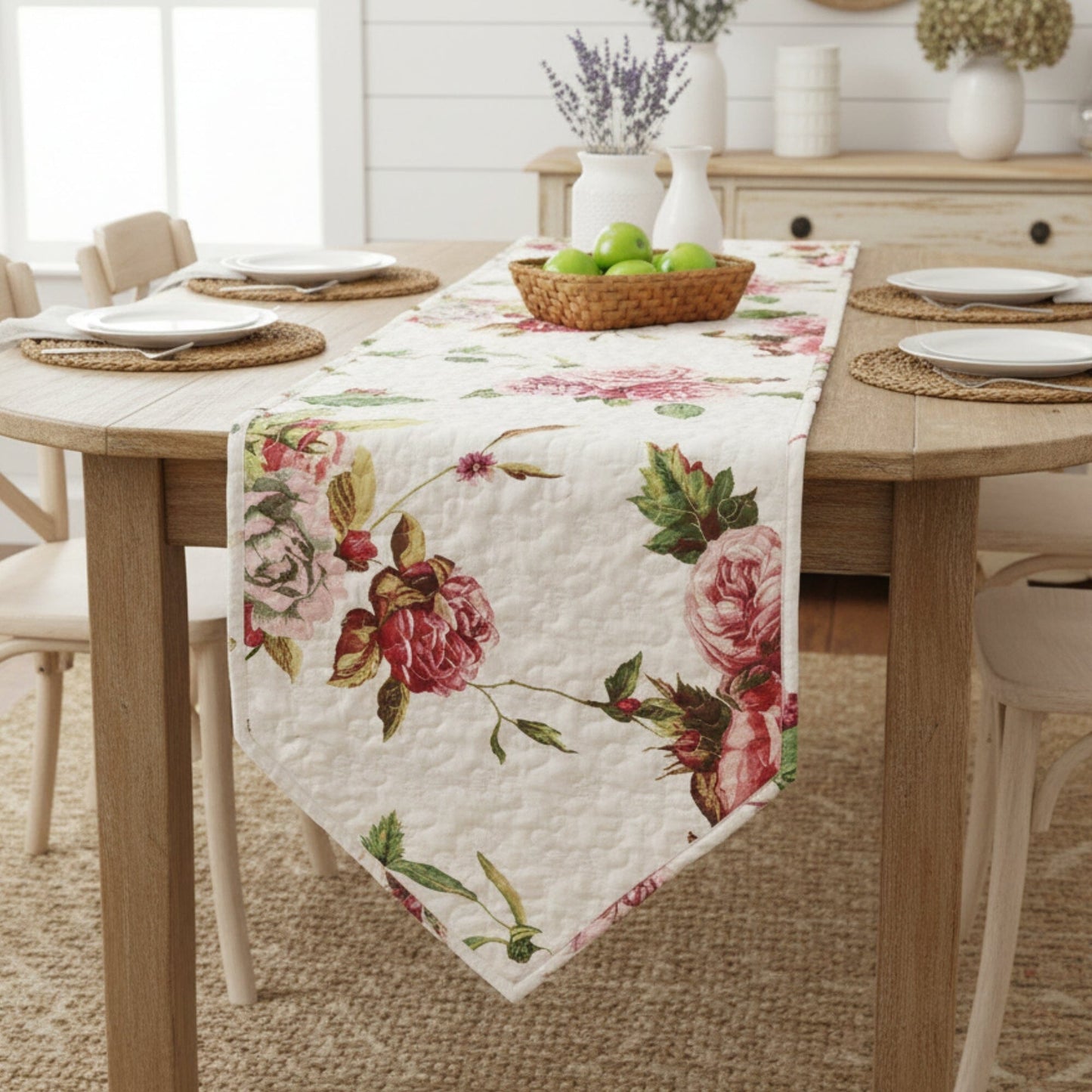 DaDa Bedding Romantic Roses Pink White Lovely Floral Quilted Dining Table Runner (879)-0