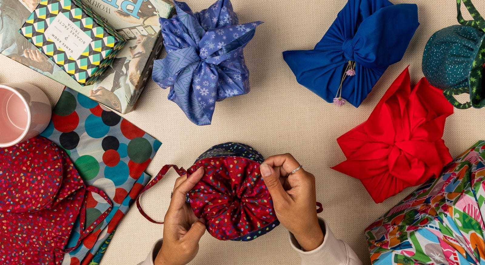 Medium Reusable Fabric Gift Bag | Blue & Red Confetti-1