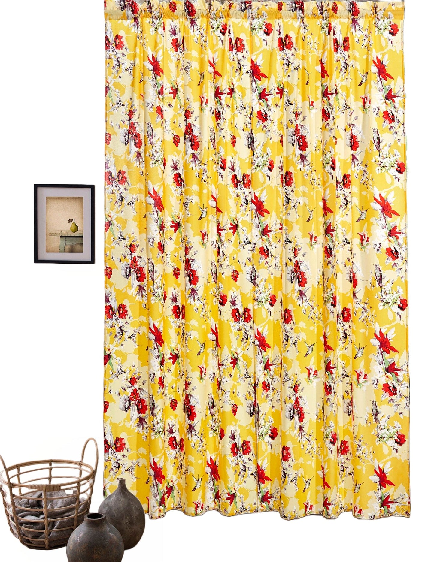 DaDa Bedding Set of 2 Radiant Sunshine Yellow Floral Window Curtain Panels - Natural Semi Sheer Hummingbirds Farmhouse Red Flowers Straight Tailored Edge-4