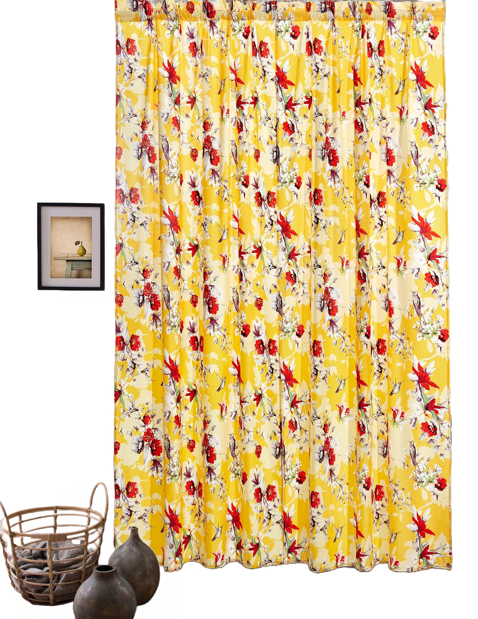 DaDa Bedding Set of 2 Radiant Sunshine Yellow Floral Window Curtain Panels - Natural Semi Sheer Hummingbirds Farmhouse Red Flowers Straight Tailored Edge-4