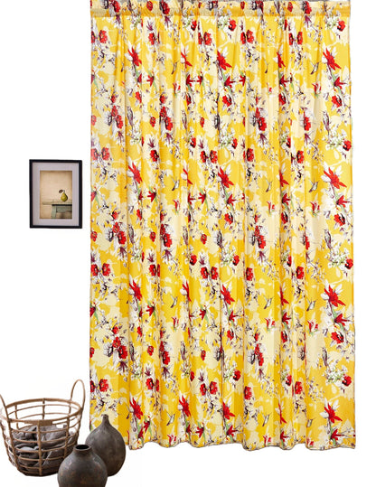 DaDa Bedding Set of 2 Radiant Sunshine Yellow Floral Window Curtain Panels - Natural Semi Sheer Hummingbirds Farmhouse Red Flowers Straight Tailored Edge-4