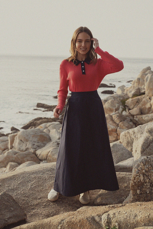 Knit Detail Collar Sweater-Fuchsia/Navy-0