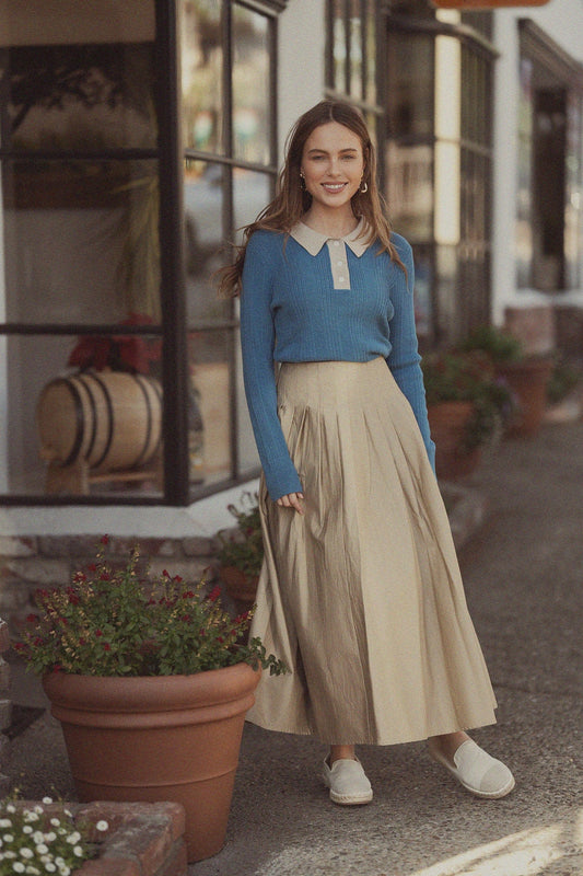 Knit Detail Collar Sweater-Teal/Tan-0
