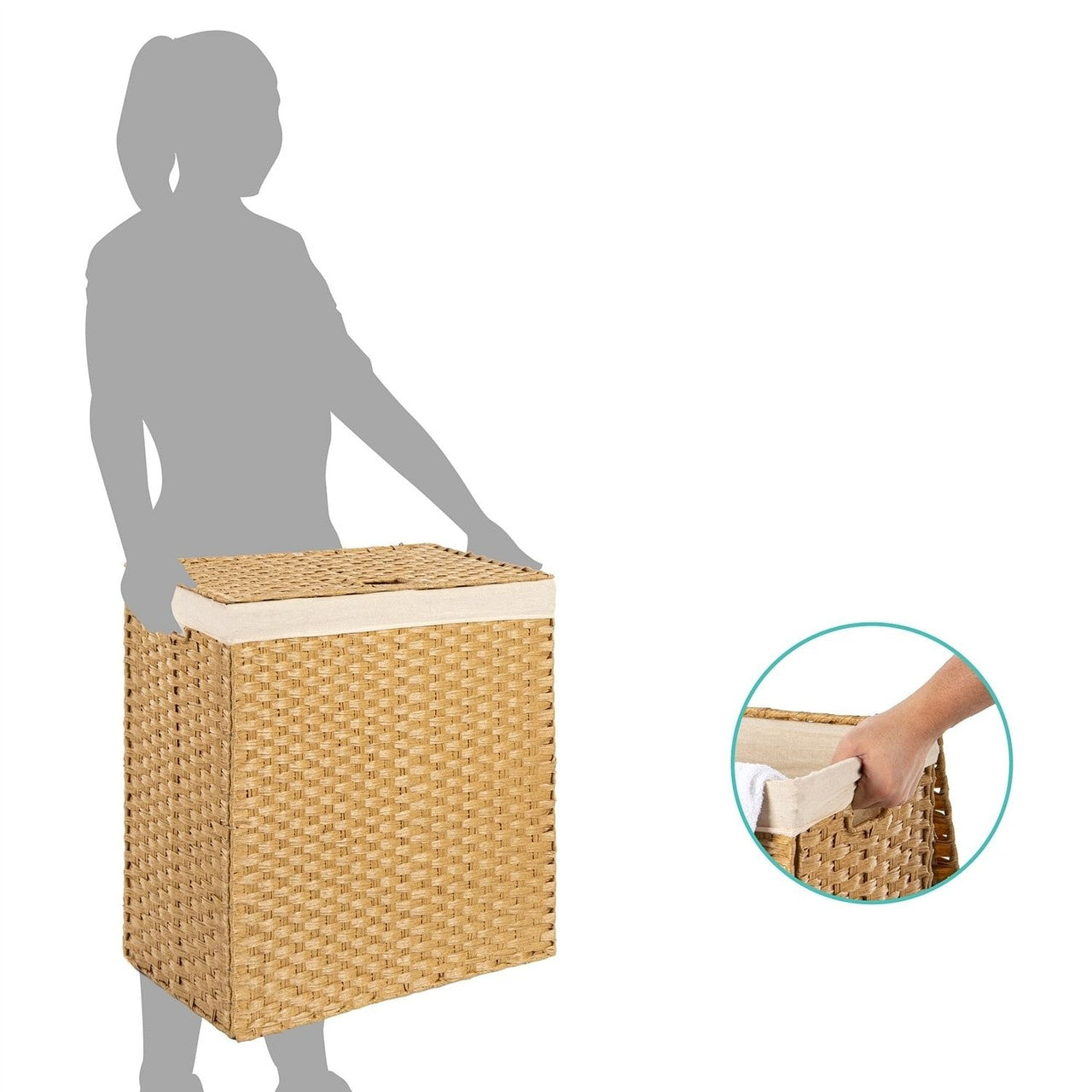 Folding 2-Bin Natural PE Wicker Linen Liner Laundry Hamper w/ Handles-0