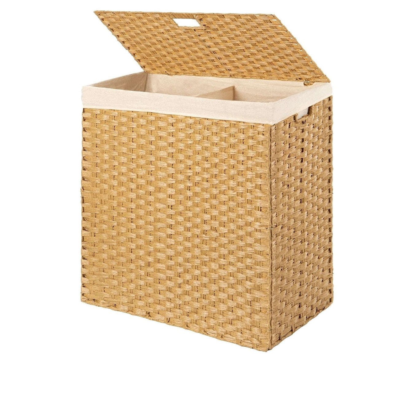 Folding 2-Bin Natural PE Wicker Linen Liner Laundry Hamper w/ Handles-2