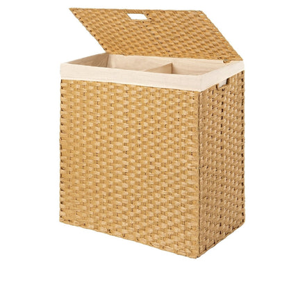 Folding 2-Bin Natural PE Wicker Linen Liner Laundry Hamper w/ Handles-2