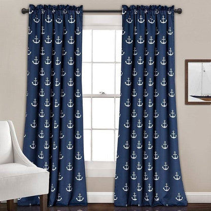 2 Panel 84"L x 52"W Navy Nautical Anchors Window Curtain Set-2
