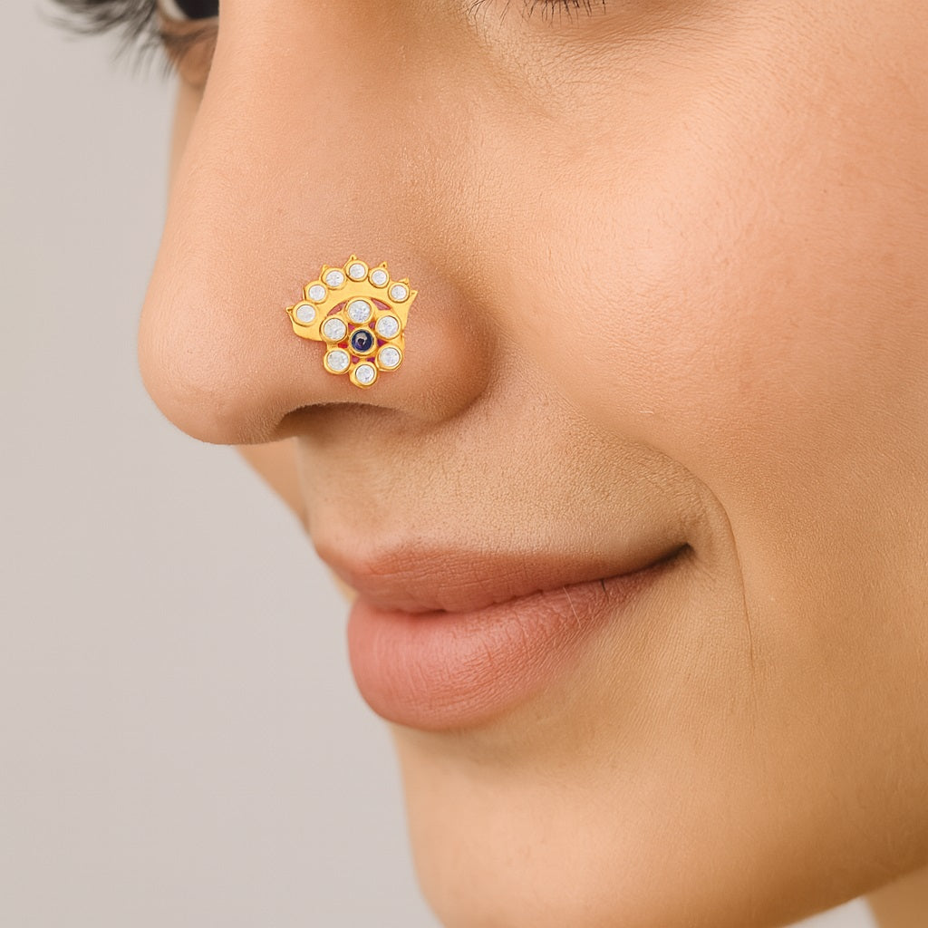 Blue Sapphire & White CZ Floral Crown Motif Nose - Sterling Silver Gols Plated-1