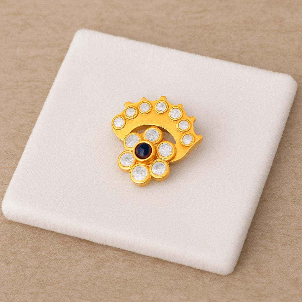 Blue Sapphire & White CZ Floral Crown Motif Nose - Sterling Silver Gols Plated-2