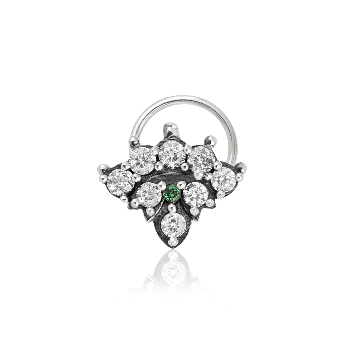 Green & White CZ Floral Cluster Nose Pin - Oxidized Sterling Silver-0