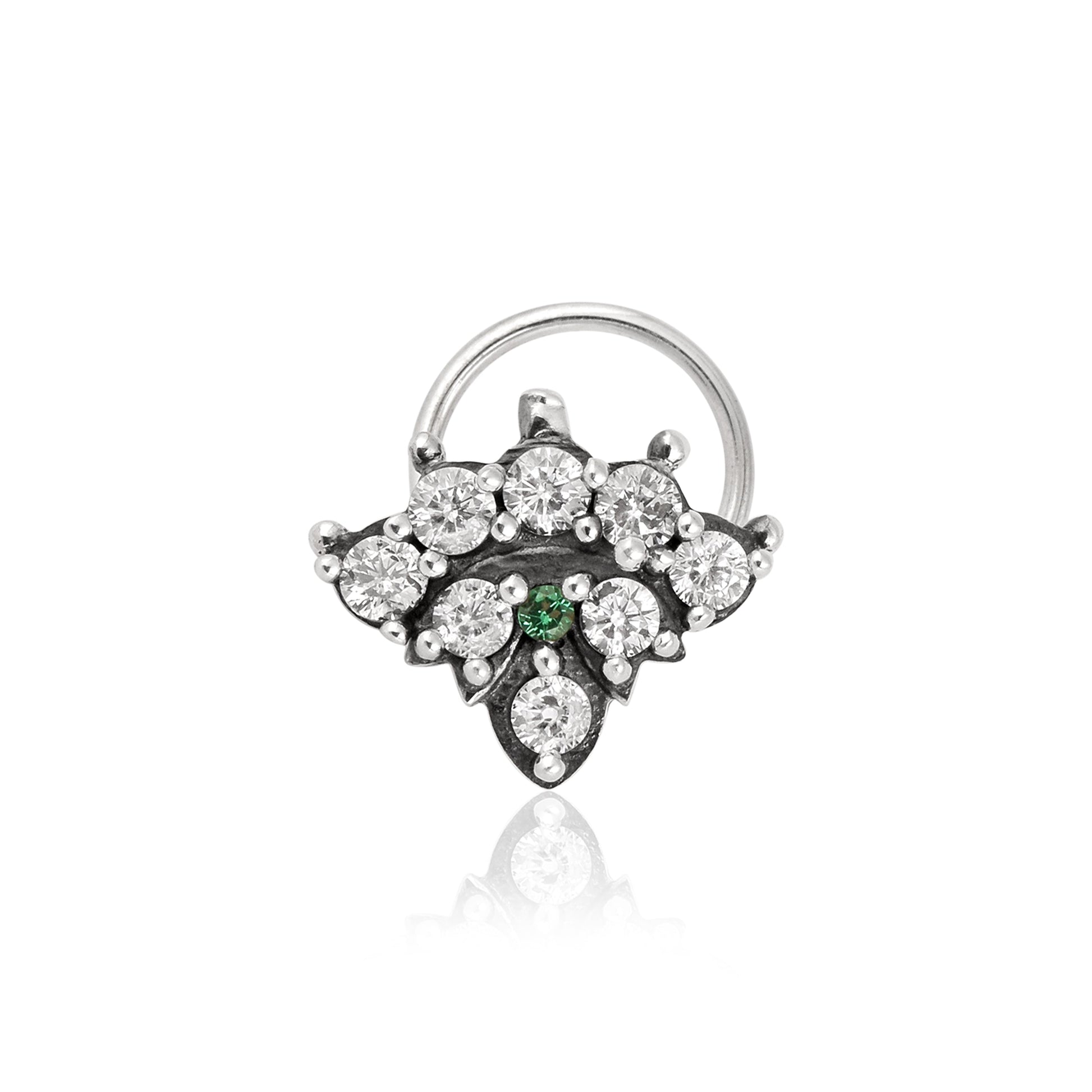Green & White CZ Floral Cluster Nose Pin - Oxidized Sterling Silver-0