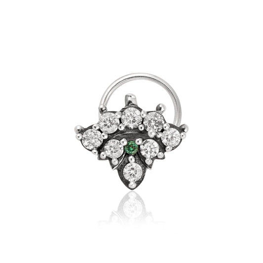Green & White CZ Floral Cluster Nose Pin - Oxidized Sterling Silver-0