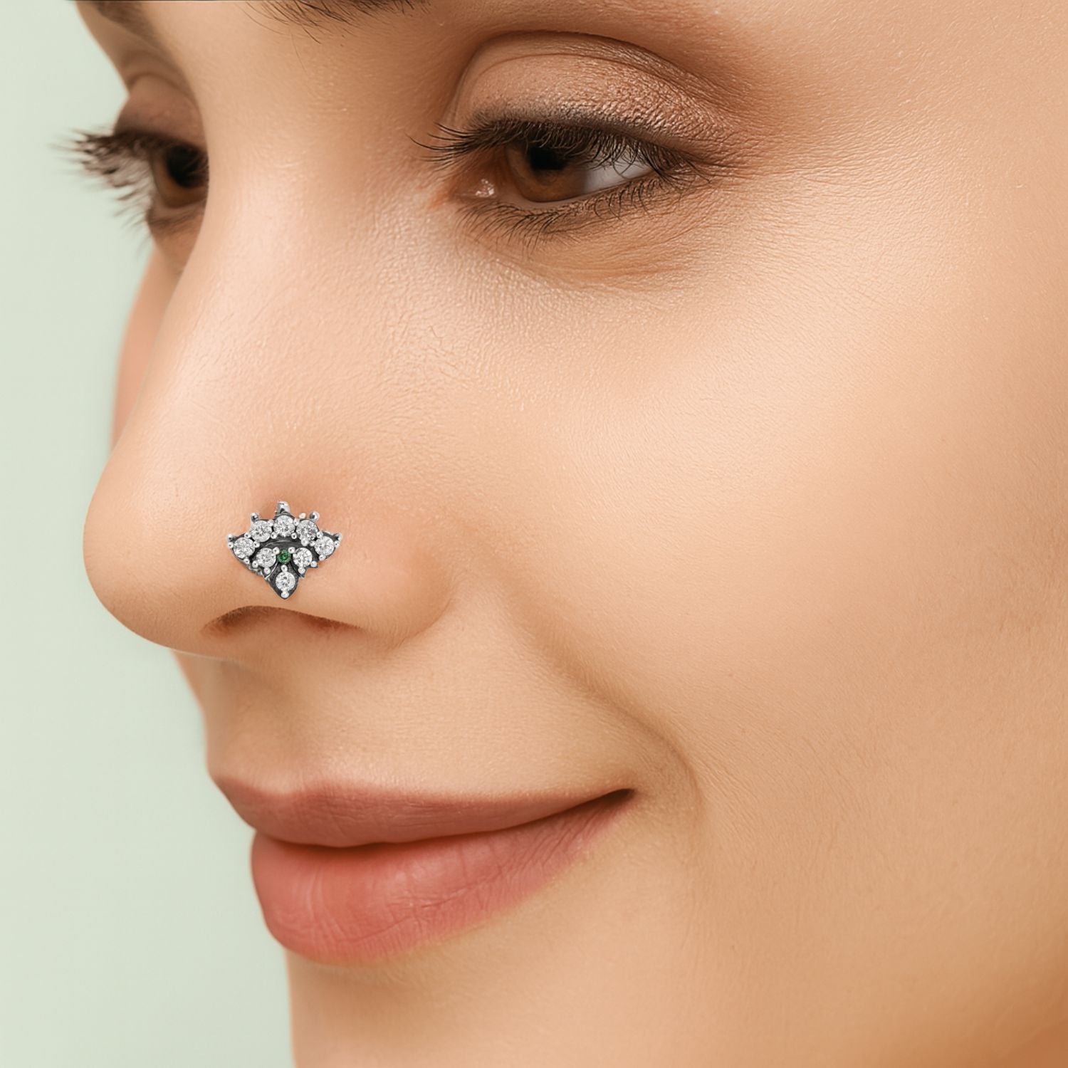 Green & White CZ Floral Cluster Nose Pin - Oxidized Sterling Silver-1