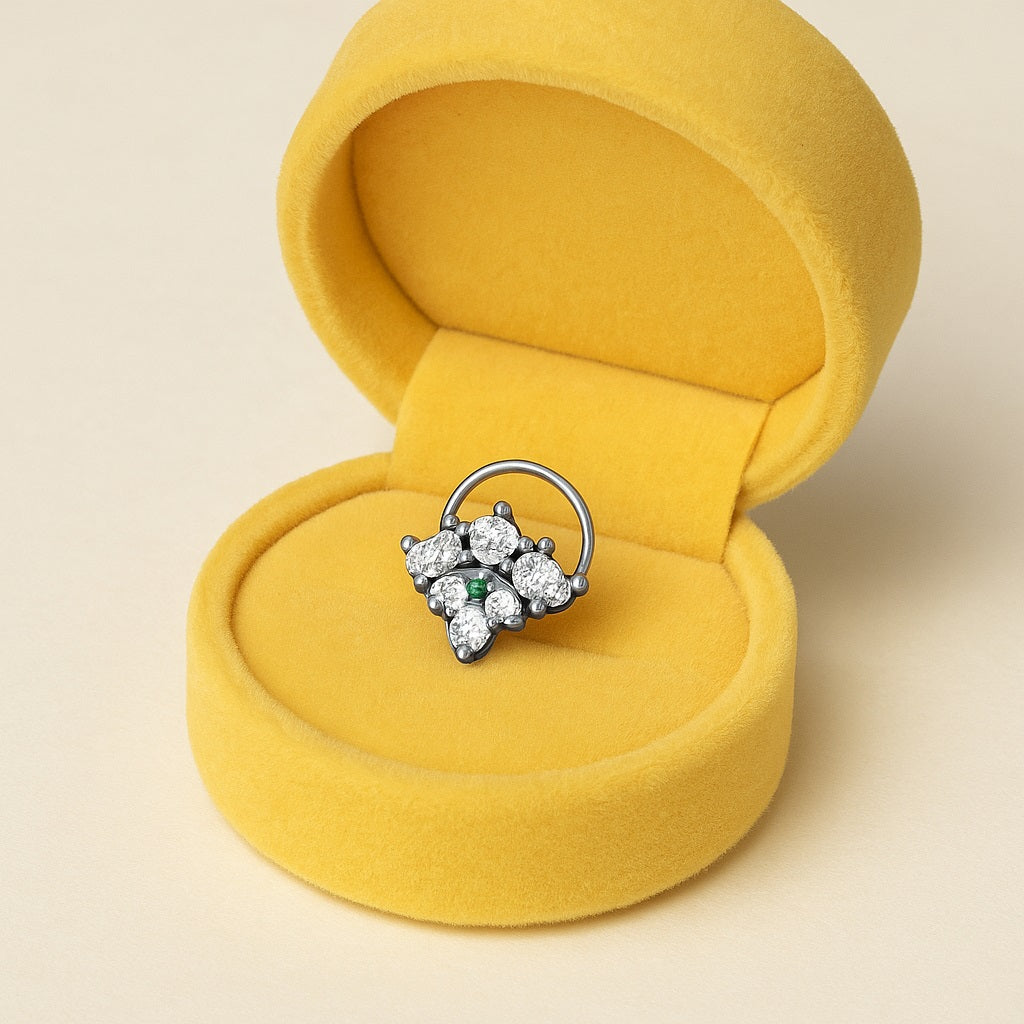 Green & White CZ Floral Cluster Nose Pin - Oxidized Sterling Silver-2