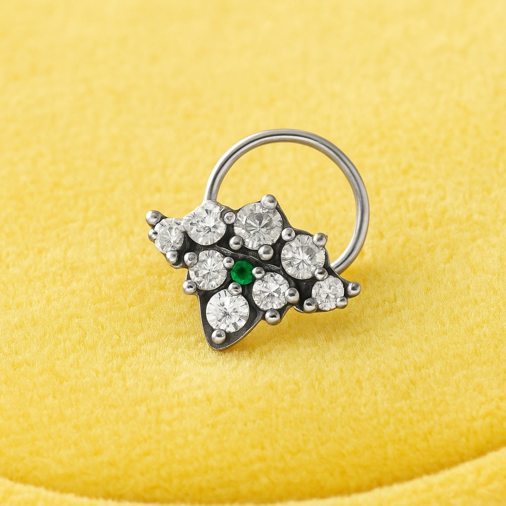 Green & White CZ Floral Cluster Nose Pin - Oxidized Sterling Silver-3