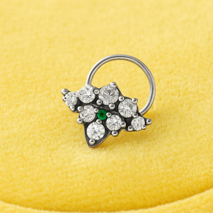 Green & White CZ Floral Cluster Nose Pin - Oxidized Sterling Silver-3