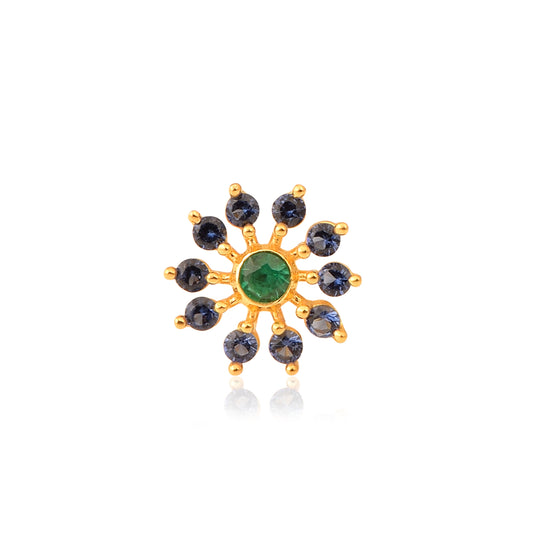 Green CZ & Blue CZ Sunburst Floral Nose Pin - Gold Plated Sterling Silver-0