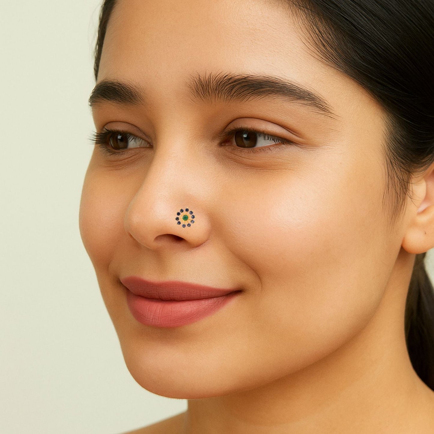 Green CZ & Blue CZ Sunburst Floral Nose Pin - Gold Plated Sterling Silver-1