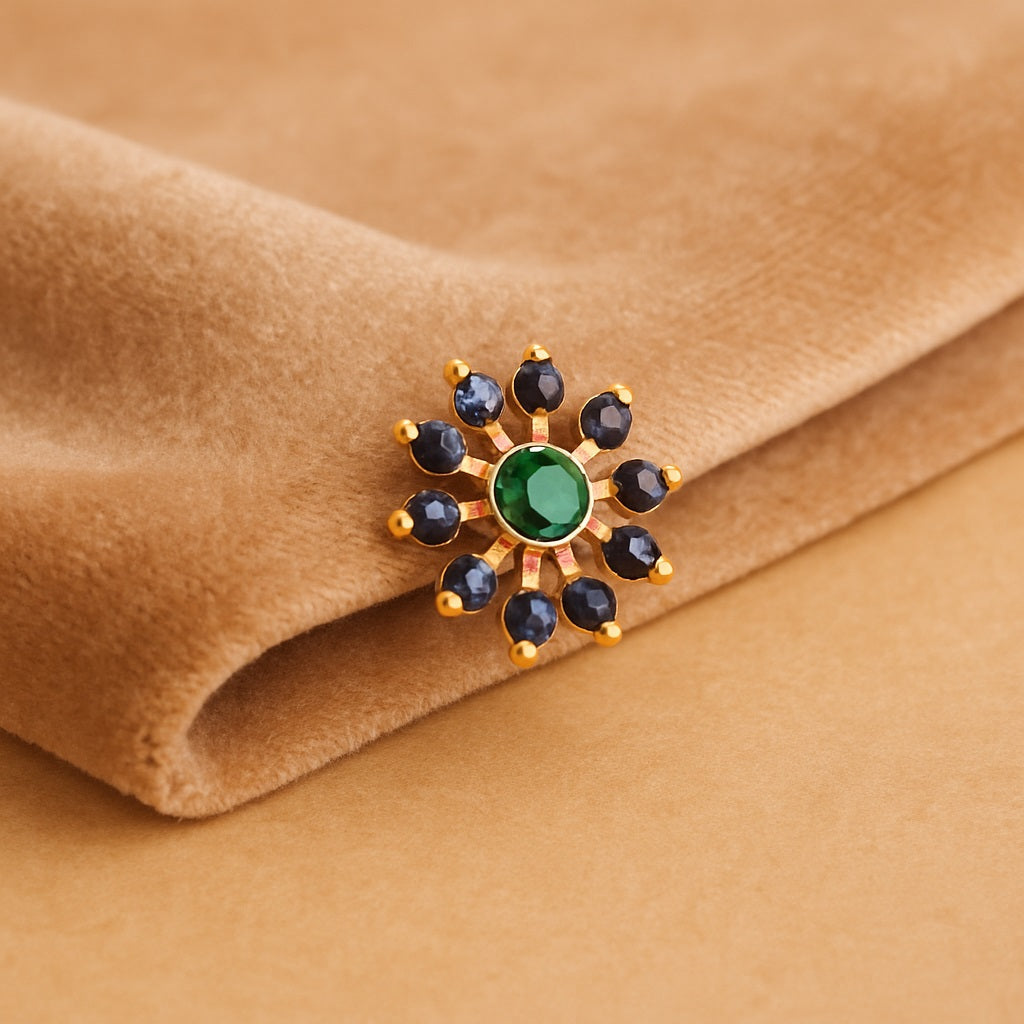 Green CZ & Blue CZ Sunburst Floral Nose Pin - Gold Plated Sterling Silver-2