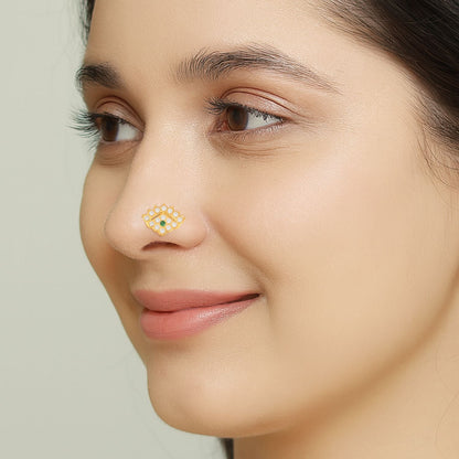 Green & White CZ Crown Motif Nose Pin - Sterling Silver Gold Plated-1