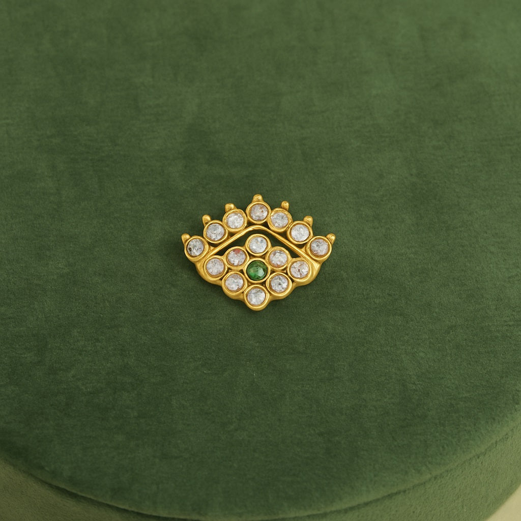 Green & White CZ Crown Motif Nose Pin - Sterling Silver Gold Plated-2