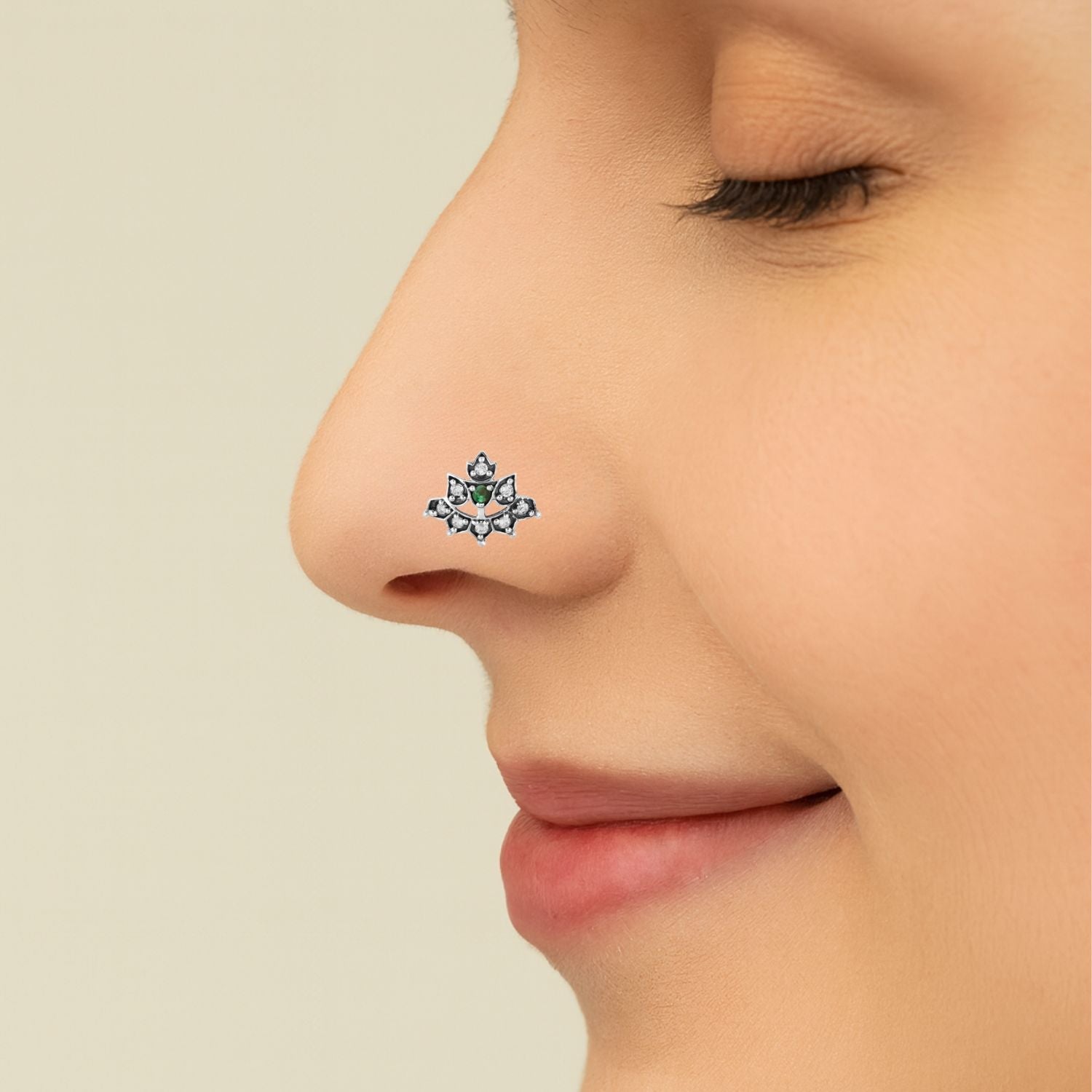 Green & White CZ Accents Lotus Nose Pin - 925 Oxidized  Sterling Silver-1