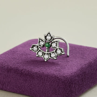 Green & White CZ Accents Lotus Nose Pin - 925 Oxidized  Sterling Silver-2