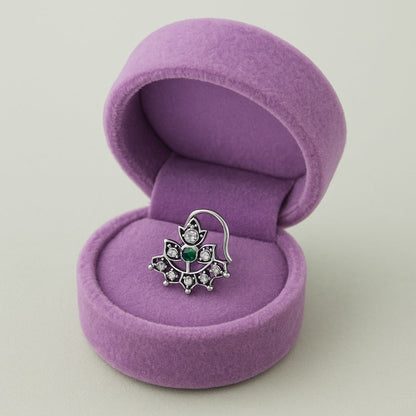 Green & White CZ Accents Lotus Nose Pin - 925 Oxidized  Sterling Silver-3