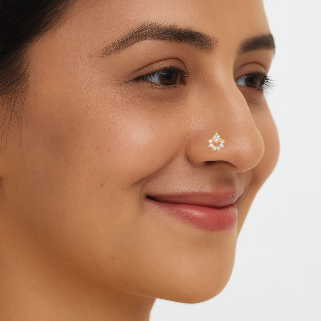White CZ Crescent Cluster Nose Pin - Sterling Silver Gold Plated-1