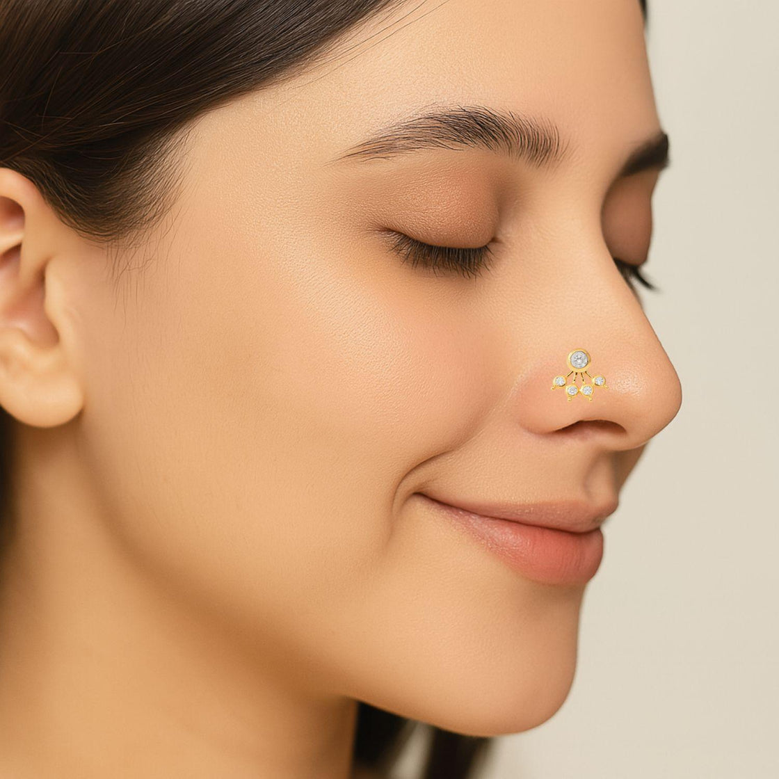 White CZ Five Petal Fan Design Nose Pin - Sterling Silver Gold Plated-1