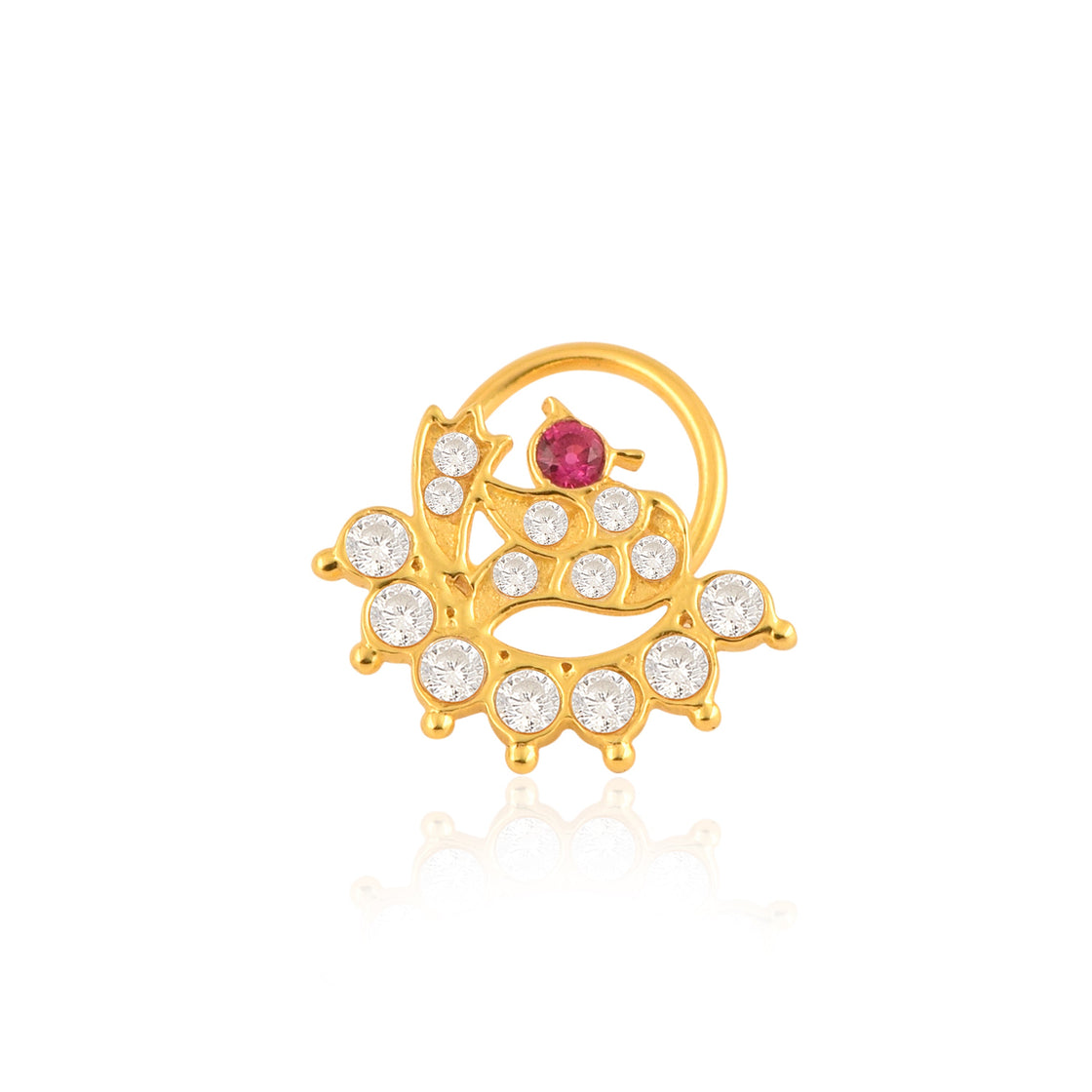 White & Red CZ Peacock Design Nose Pin - Sterling Silver Gold Plated-0