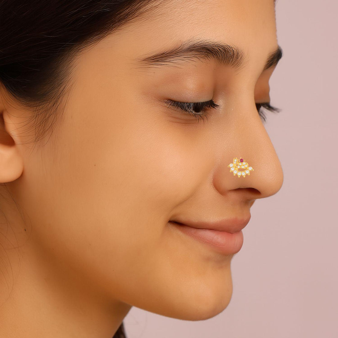 White & Red CZ Peacock Design Nose Pin - Sterling Silver Gold Plated-1