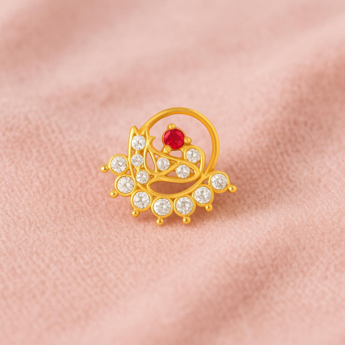 White & Red CZ Peacock Design Nose Pin - Sterling Silver Gold Plated-2