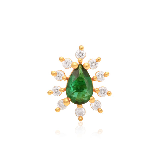 Green CZ Teardrop Halo Nose Pin - Sterling Silver Gold Plated-0