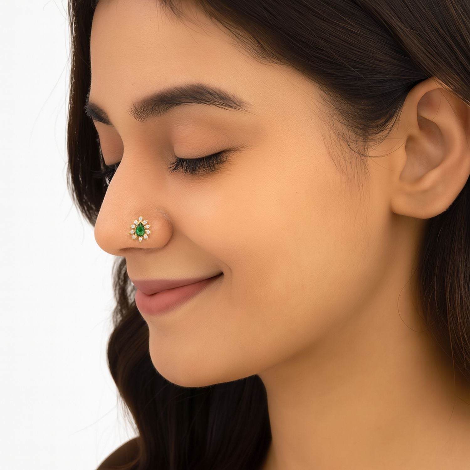 Green CZ Teardrop Halo Nose Pin - Sterling Silver Gold Plated-1