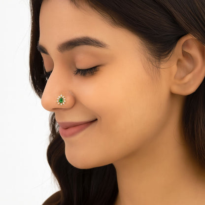 Green CZ Teardrop Halo Nose Pin - Sterling Silver Gold Plated-1