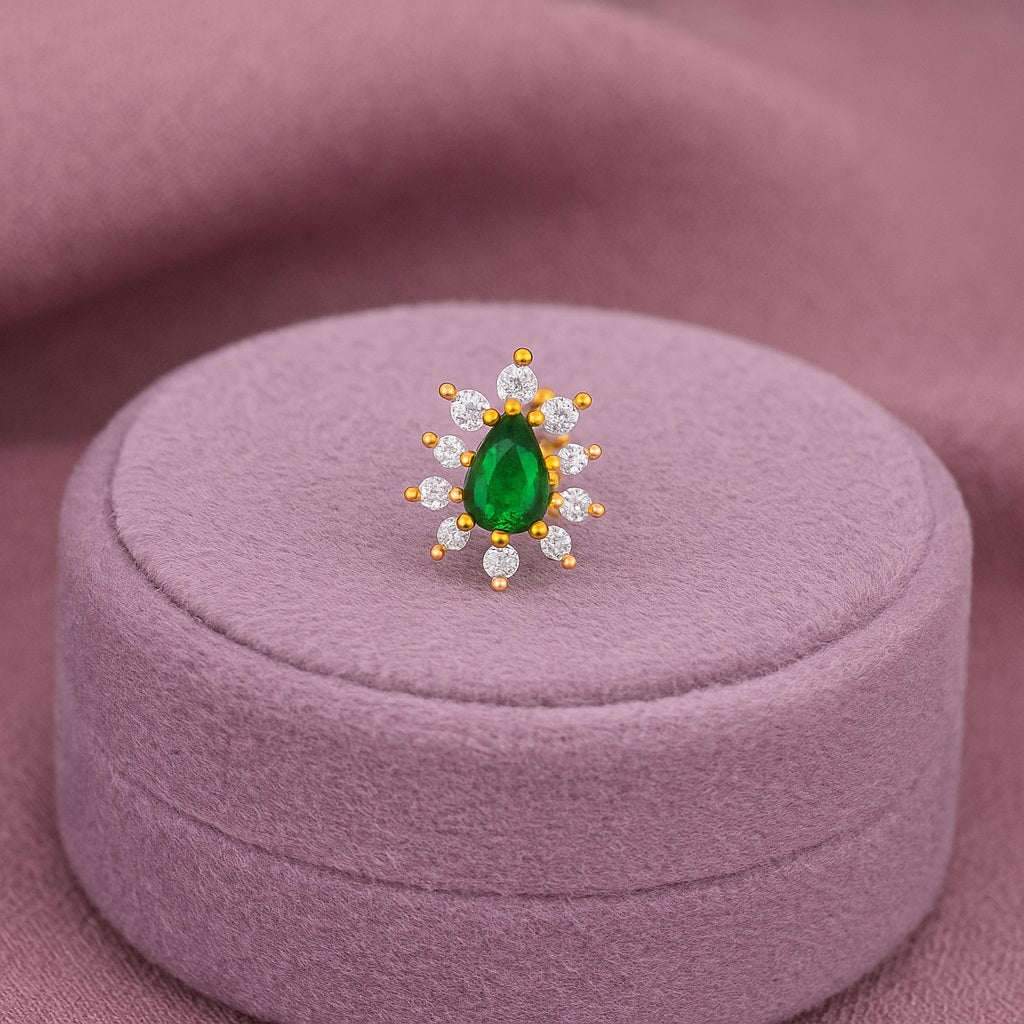 Green CZ Teardrop Halo Nose Pin - Sterling Silver Gold Plated-2